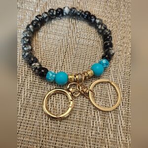 Artisanal Black and Turquoise Beaded Keychain Bracelet/wristlet
